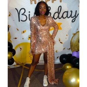 Fashion Nova Rose Gold Sequin Long-Sleeve Party Dress with Side Drape